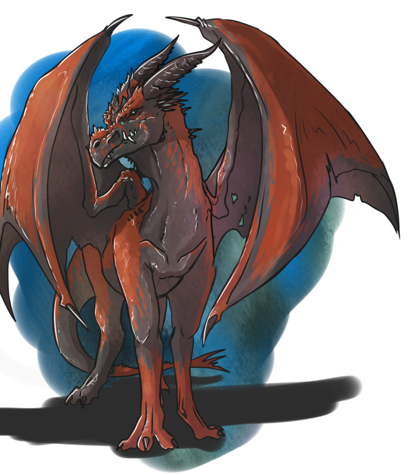 ambiguous_gender blue_eyes dragon feral front_view grey_body grey_horn grey_wings hi_res horn imperatorcaesar membrane_(anatomy) membranous_wings neck_spikes quadruped red_body red_wings ridged_horn sharp_teeth solo teeth wing_claws wings