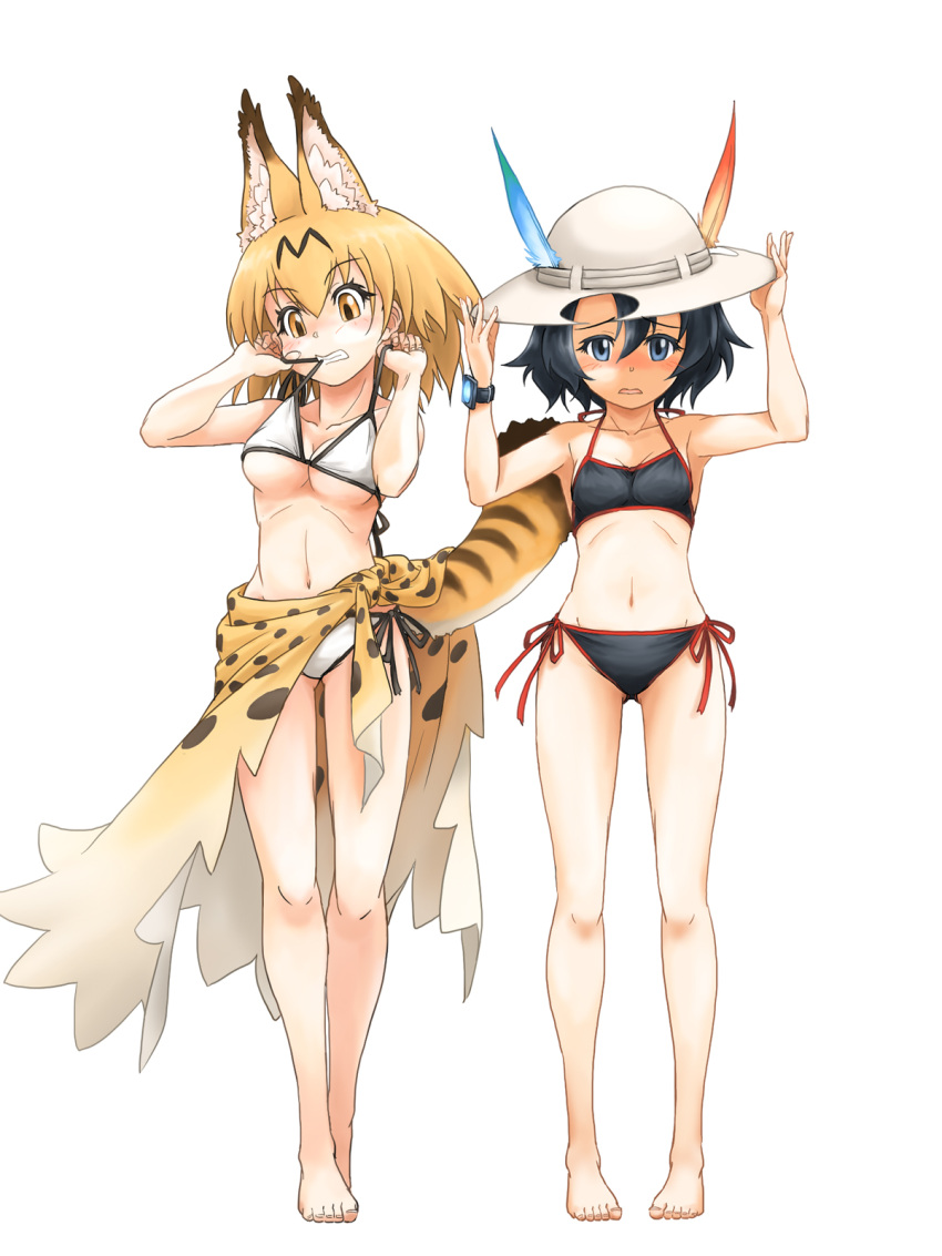 2girls adapted_costume animal_ears bare_legs bare_shoulders barefoot bikini black_bikini black_hair blonde_hair blue_eyes blush cat_ears cat_girl cat_tail extra_ears full_body helmet highres kaban_(kemono_friends) kemono_friends looking_at_viewer midriff multicolored_hair multiple_girls naka_(nicovideo14185763) navel pith_helmet print_sarong sarong serval_(kemono_friends) serval_print short_hair swimsuit tail white_bikini yellow_eyes