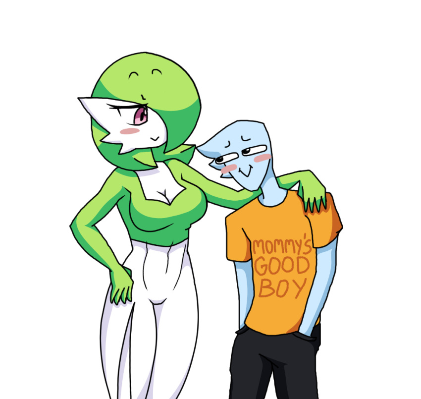 2021 arm_around_shoulders black_eyes blue_body blush blush_stickers breasts cleavage clothed clothing duo eye_contact female gardevoir green_hair hair hand_in_pocket hand_on_hip humanoid looking_at_another male medium_breasts meme meme_clothing mommy_kink nintendo not_furry pearboy-ooh pearboy_(oc) pockets pok&eacute;mon pok&eacute;mon_(species) red_eyes sierra_(pearboy-ooh) simple_background size_difference slouching smile smug video_games white_background