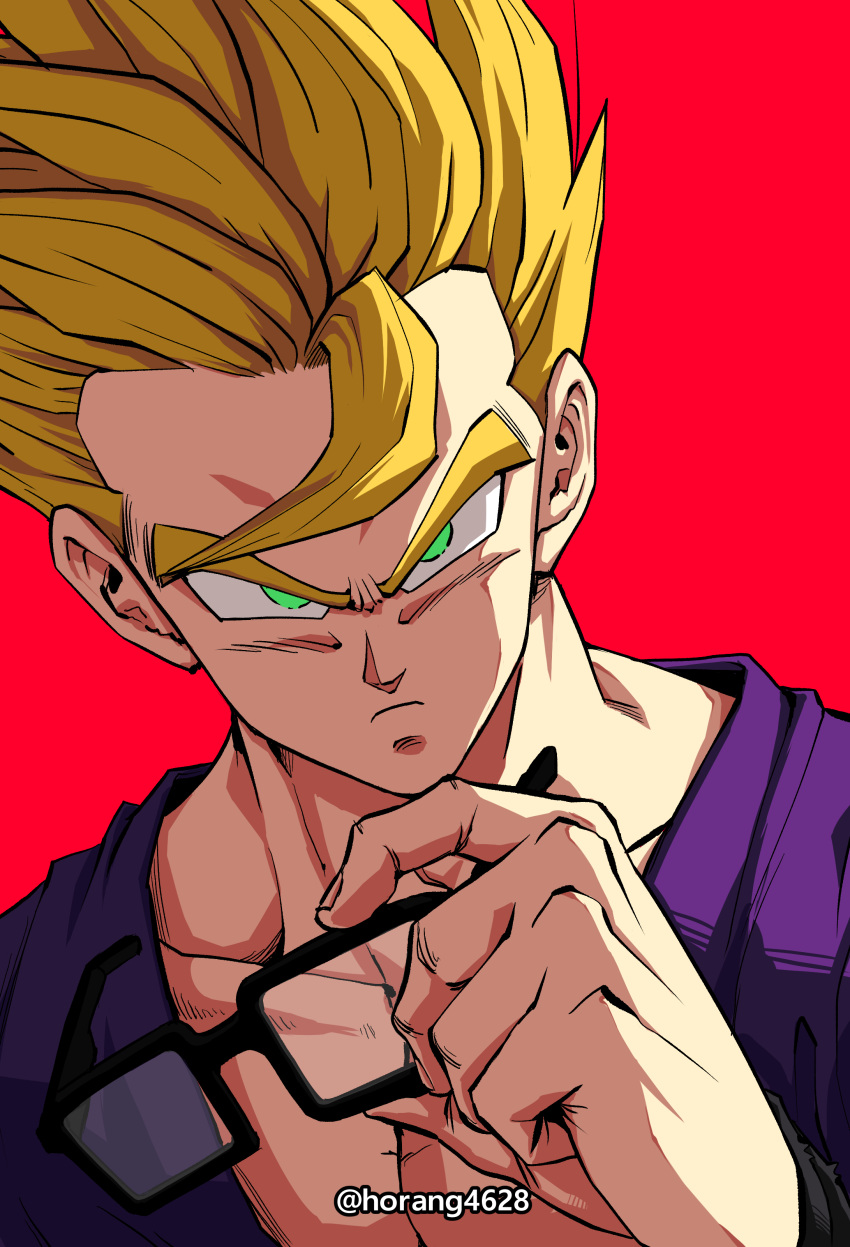 1boy absurdres closed_mouth dragon_ball dragon_ball_super dragon_ball_super_super_hero dutch_angle glasses green_eyes highres horang4628 looking_at_viewer male_focus red_background removing_eyewear serious simple_background solo son_gohan super_saiyan super_saiyan_1 twitter_username upper_body