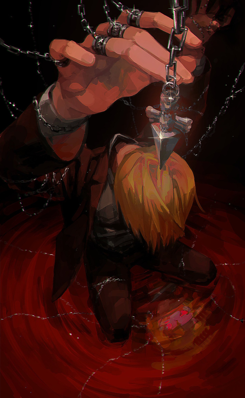1boy androgynous black_suit blonde_hair chain chained foreshortening formal from_above full_body glowing glowing_eyes highres hun_bbokbbok hunter_x_hunter judgement_chain_(hxh) kurapika looking_down male_focus official_alternate_costume perspective red_eyes reflection short_hair solo suit water