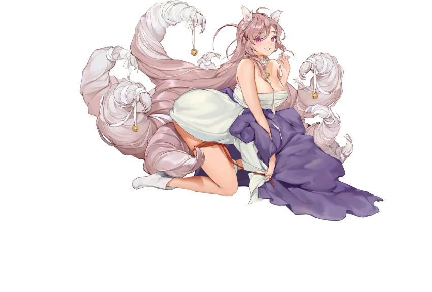 1girl animal_ears ass bell fake_tail fox_ears fox_tail full_body futon game_cg grin hanbok highres korean_clothes kumiho lantern last_origin legs long_hair looking_at_viewer miho_(last_origin) multiple_tails namesake official_art pink_eyes pink_hair pun rorobomb smile solo tachi-e tail tail_bell tail_ornament transparent_background very_long_hair
