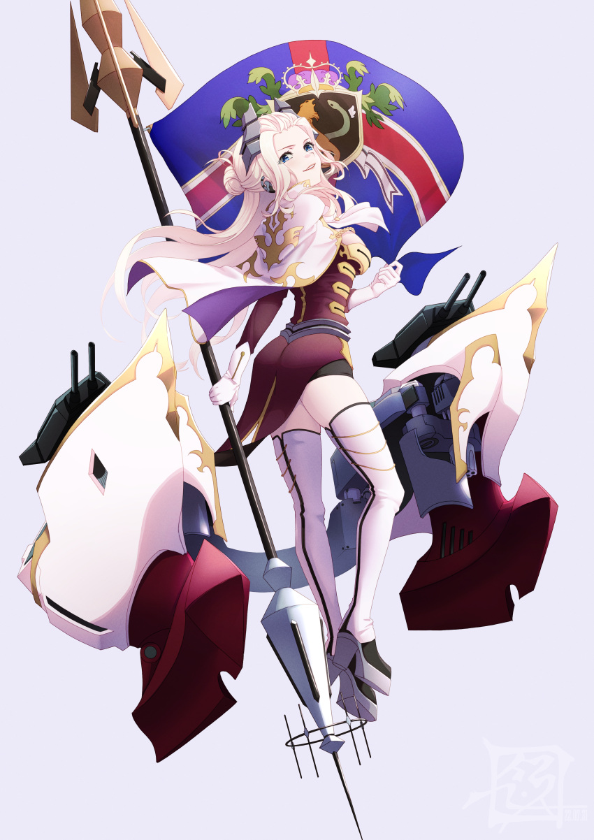 1girl absurdres arched_back artist_logo azur_lane blonde_hair blue_background blue_eyes boots cape character_request commentary_request commission dress eyelashes flag forehead from_side full_body gloves gold_trim hair_ornament hand_up head_tilt highres holding legs long_sleeves looking_at_viewer looking_to_the_side parted_lips pixiv_request polearm red_dress shadow sidelocks simple_background solo spear standing suryua thigh_boots thighs weapon white_cape white_footwear white_gloves