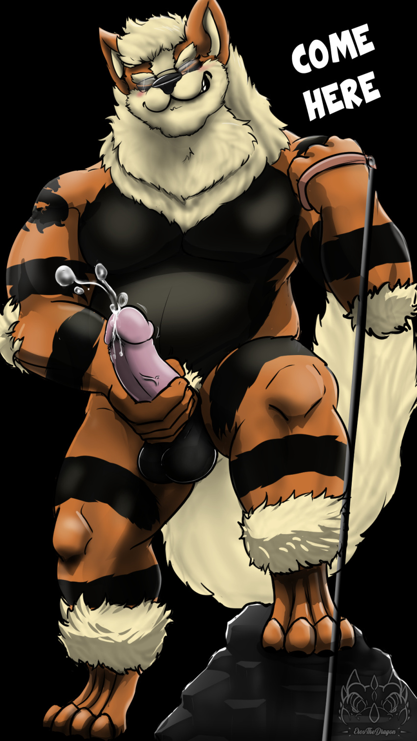 anthro arcanine bodily_fluids cum ejaculation emarcanine eros_thedragon eyewear game_(disambiguation) genital_fluids genitals glasses hi_res leash male mastubration nintendo penis pok&eacute;mon pok&eacute;mon_(species) solo video_games