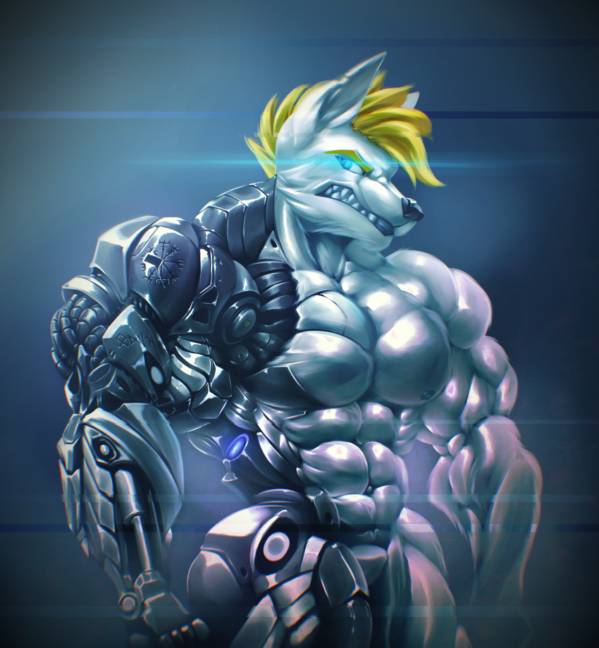 abs absurd_res angry anthro arctic_fox biceps big_muscles canid canine clenched_teeth cybernetic_arm cybernetic_eye cybernetic_leg cybernetic_limb cybernetics ear_piercing facial_piercing fangs fox hi_res machine male mammal muscular muscular_anthro muscular_male muscular_thighs nose_piercing pecs piercing rizzyofen sharp_teeth solo teeth white_body