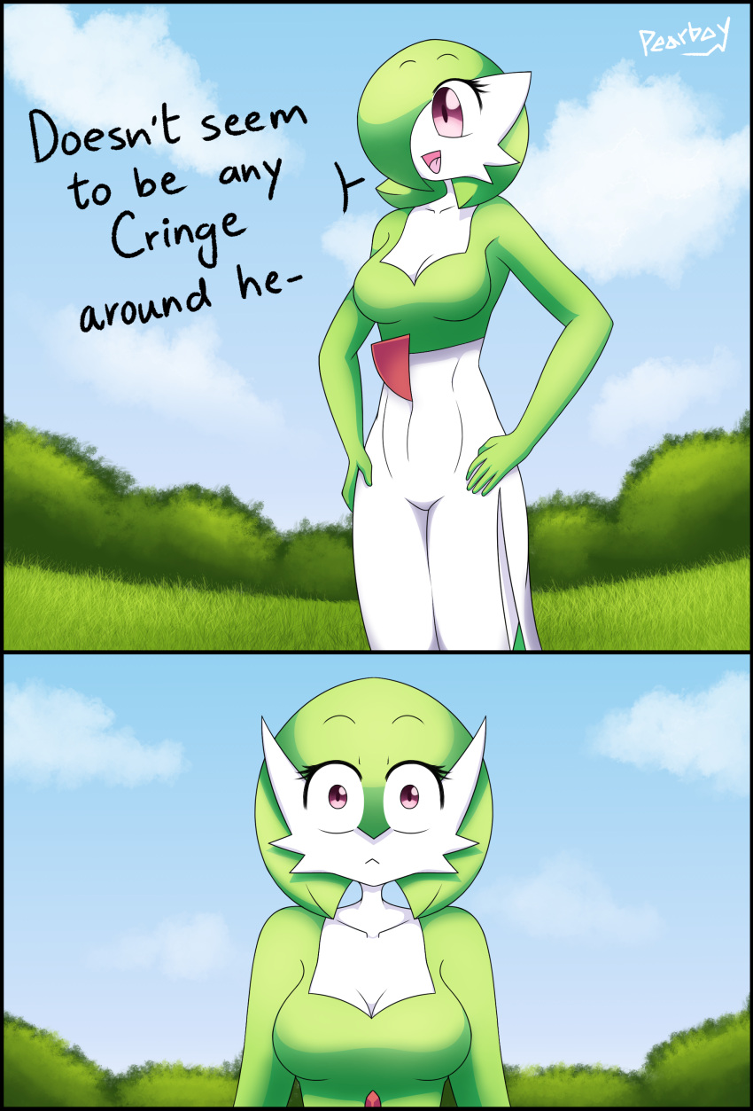 2021 2koma absurd_res big_pupils black_border border breasts cleavage clothed clothing comic dialogue dilated_pupils english_text female frown gardevoir green_hair hair hair_over_eye hands_on_hips hi_res humanoid judging_you looking_at_viewer medium_breasts nintendo not_furry one_eye_obstructed open_mouth pearboy-ooh pok&eacute;mon pok&eacute;mon_(species) pupils red_eyes simple_background solo text video_games