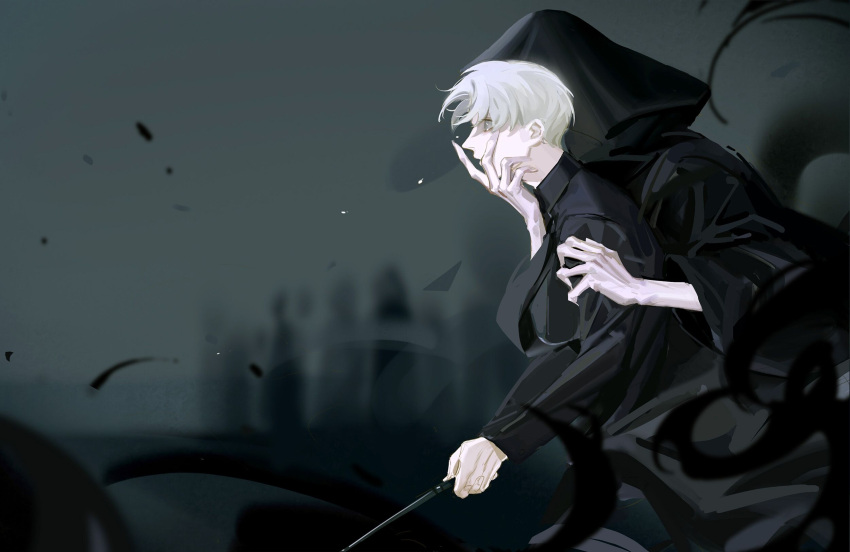 2boys arm_grab black_robe black_shirt cowboy_shot draco_malfoy face_grab fingernails grabbing hand_on_another's_arm hand_on_another's_face harry_potter_(series) highres holding holding_wand hood hood_up hooded_robe male_focus meerajebt multiple_boys profile robe sharp_fingernails shirt short_hair smoke solo_focus tears voldemort wand white_hair