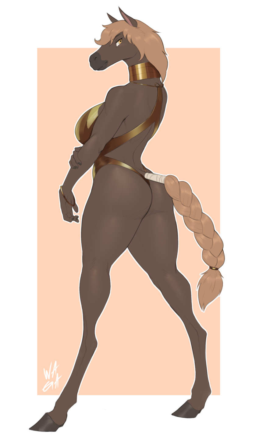 anthro bikini_thong braided_tail breasts butt clothing equid equine female hi_res horse mammal one-piece_swimsuit solo standing swimwear w4g4