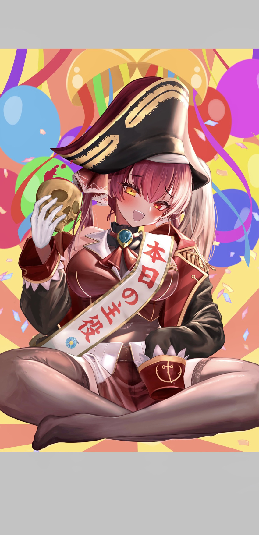 1girl absurdres balloon bangs bicorne black_coat black_headwear blush breasts brooch brown_thighhighs coat commentary_request confetti cropped_jacket full_body gloves gold_trim hair_ribbon hand_up hat head_tilt heterochromia highres holding hololive houshou_marine indian_style jewelry kinalilet large_breasts leotard leotard_under_clothes letterboxed long_hair long_sleeves midriff miniskirt no_shoes off_shoulder open_mouth pirate_hat red_eyes red_hair red_ribbon red_skirt ribbon shiny shiny_hair sitting skirt sleeveless sleeveless_jacket sleeves_past_fingers sleeves_past_wrists solo teeth thighhighs translation_request twintails upper_teeth virtual_youtuber white_gloves yellow_eyes