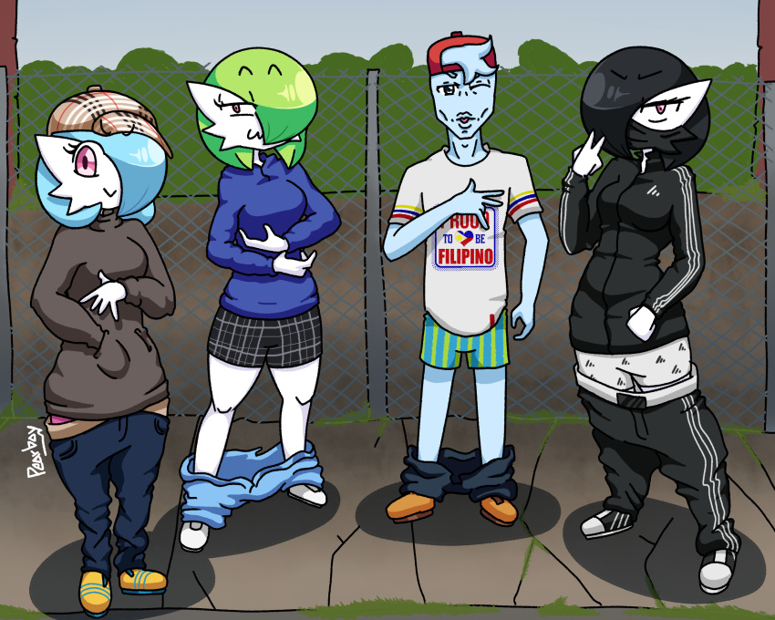 2021 :3 adidas adidas_logo backwards_baseball_cap backwards_hat baseball_cap black_hair blue_hair bottomwear bottomwear_down boxers_(clothing) clothed clothing cydia_(pearboy-ooh) detailed_background eva_(pearboy-ooh) female gangsta gardevoir gesture green_hair group hair hair_over_eye hand_in_pocket hat headgear headwear hi_res humanoid looking_at_viewer male mask meme nintendo not_furry one_eye_closed one_eye_obstructed orange_eyes pants pants_down partially_clothed pearboy-ooh pearboy_(oc) pink_eyes pockets pok&eacute;mon pok&eacute;mon_(species) pose red_eyes shiny_pok&eacute;mon sierra_(pearboy-ooh) tracksuit underwear v_sign video_games