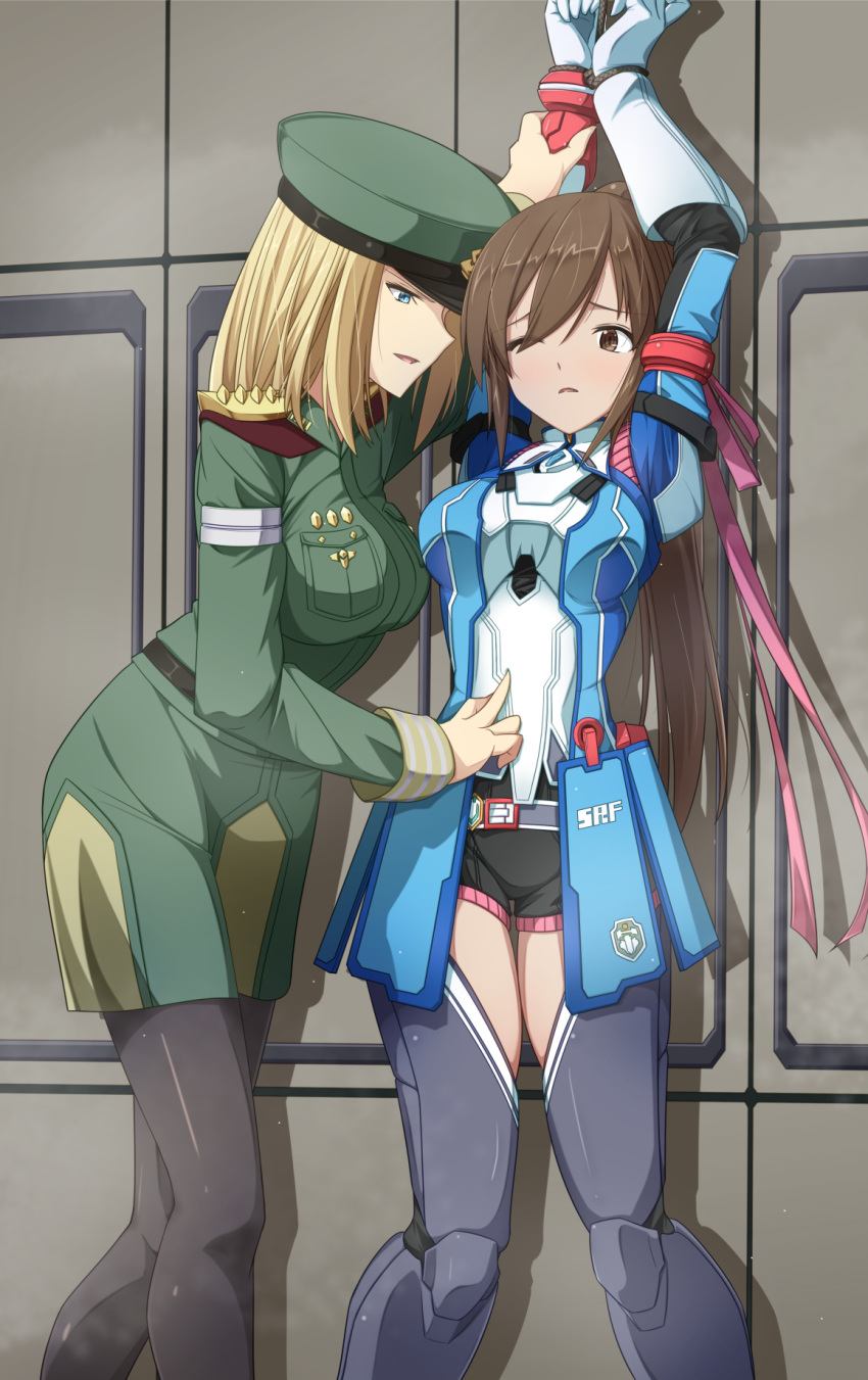 2girls arms_up black_shorts blonde_hair blue_eyes brown_hair epaulettes gloves green_headwear green_jacket green_skirt hair_ribbon hat high_ponytail highres holding_another's_wrist indoors jacket long_hair long_sleeves looking_at_another military military_hat military_uniform milla_bachtein molestation multiple_girls one_eye_closed parted_lips pink_ribbon purple_thighhighs restrained ribbon saionji_reimi short_shorts shorts skirt star_ocean star_ocean_the_last_hope thighhighs toya1s uniform white_gloves wrist_cuffs yuri