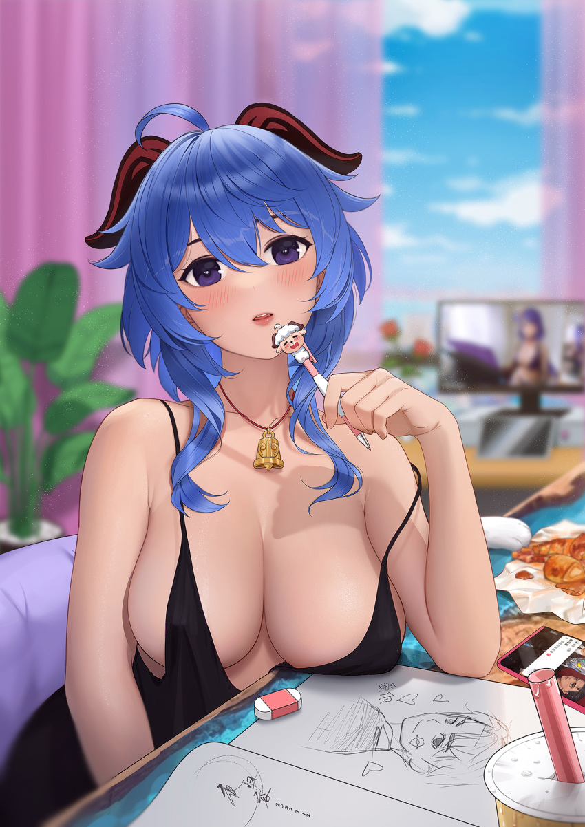 1girl ahoge artist_self-reference bangs bare_arms bare_shoulders bell black_dress blue_hair blue_sky blurry blush breast_rest breasts cameo cat cellphone cleavage covered_nipples cowbell cup curtains day depth_of_field disposable_cup dress drinking drinking_straw elbows_on_table eraser eren_yeager flower food food_theft food_wrapper ganyu_(genshin_impact) genshin_impact goat_horns hand_up highres holding holding_pen horns indoors jewelry large_breasts long_hair looking_at_viewer monitor neck_bell necklace parted_lips pen pendant phone picture_(object) plant potted_plant purple_eyes reaching red_flower sheep shingeki_no_kyojin sidelocks sitting sketchbook sky sleeveless sleeveless_dress smartphone solo spaghetti_strap strap_slip table window yeguirong