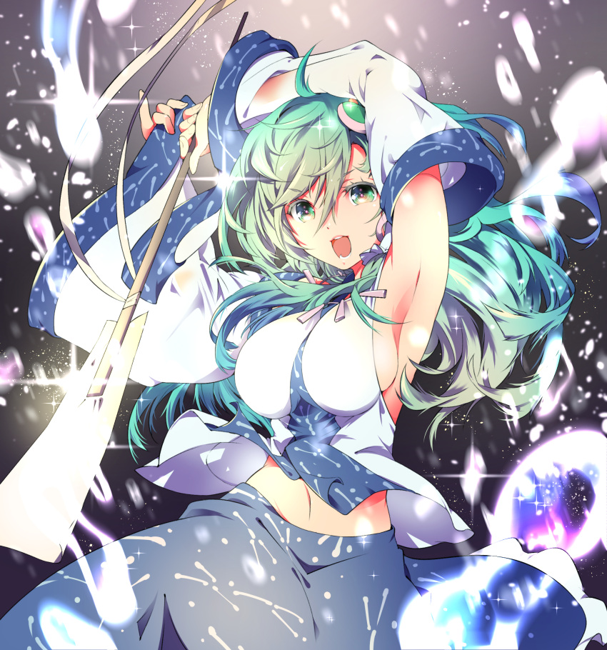 1girl alternate_breast_size armpits arms_up blue_skirt breasts cowboy_shot detached_sleeves frog_hair_ornament gohei green_hair grey_background hair_between_eyes hair_ornament hair_tubes highres holding holding_stick ichizen_(o_tori) kochiya_sanae large_breasts long_hair navel open_mouth shirt skirt sleeveless sleeveless_shirt snake_hair_ornament solo stick touhou white_shirt