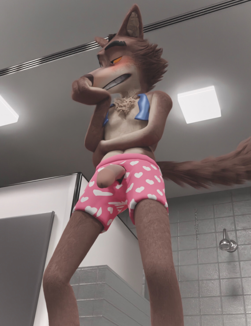 3d_(artwork) absurd_res anthro blender_(software) blush clothing digital_media_(artwork) dreamworks genitals hand_on_chin hi_res humanoid_genitalia humanoid_penis looking_away male mr._wolf_(the_bad_guys) penis shower sneakyphox solo the_bad_guys unbuttoned_bottomwear underwear undone_tie worried