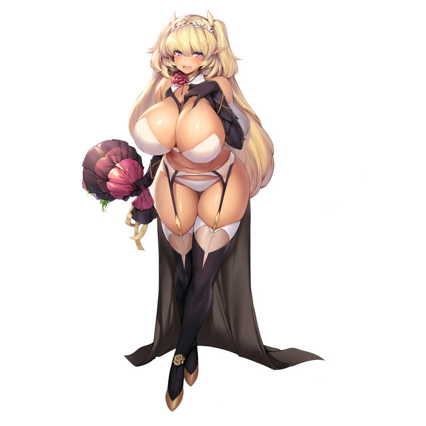 1girl ass_visible_through_thighs black_gloves black_thighhighs blonde_hair blush bra breasts bridal_veil bride crossed_ankles dark-skinned_female dark_elf dark_elven_forest_ranger dark_skin dress elbow_gloves elf full_body game_cg garter_belt gloves hair_between_eyes hairband hand_on_own_chest highres huge_breasts last_origin leaning_forward long_hair navel official_art open_mouth panties pointy_ears purple_eyes revealing_clothes shiny shiny_skin snowball22 solo standing tachi-e thick_thighs thigh_gap thighhighs thighs transparent_background two_side_up underwear veil very_long_hair wedding_dress white_bra white_panties