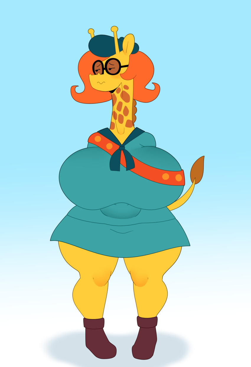 absurd_res anthro beret big_breasts blush breasts camp_lazlo cartoon_network clothing eyewear female giraffe giraffid glasses hair hat headgear headwear hi_res huge_breasts long_neck looking_away mammal nina_neckerly orange_hair sash solo somescrub spots thick_thighs uniform wide_hips yellow_body