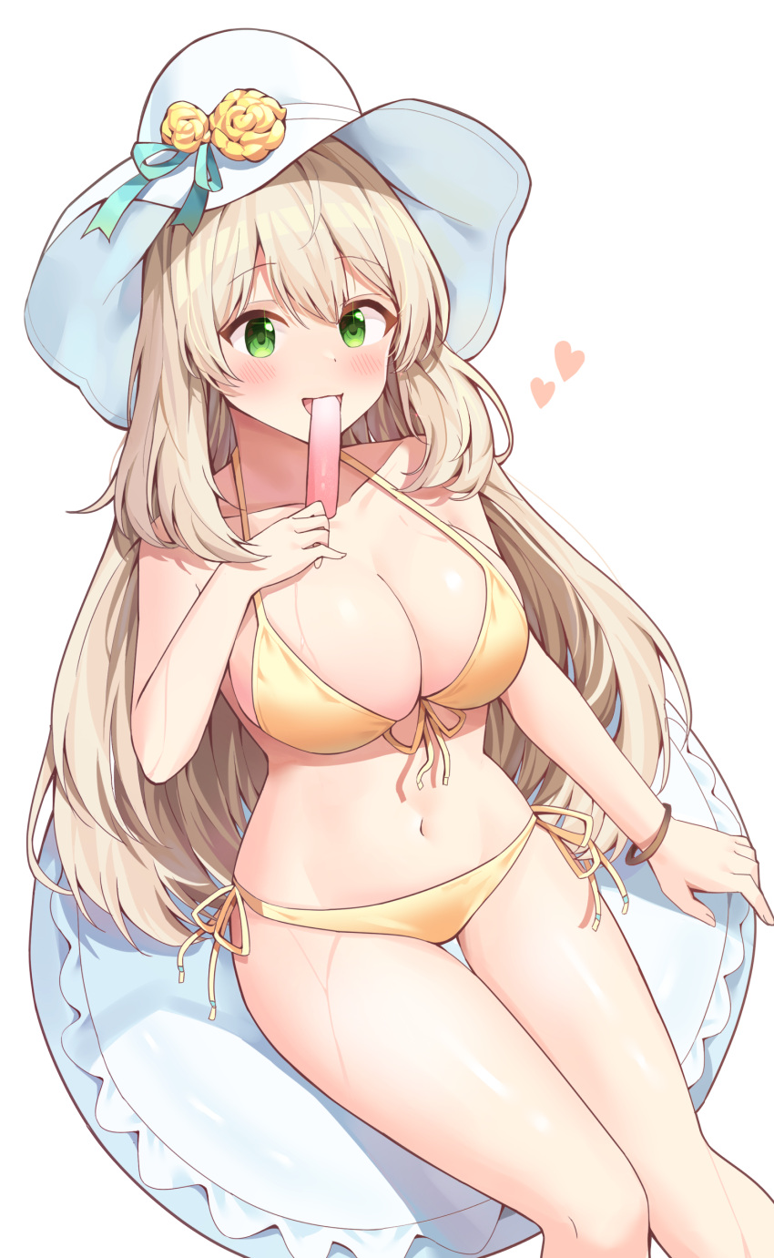 1girl :d absurdres bangs bare_shoulders bikini blonde_hair blue_archive blue_ribbon blush bracelet breasts cleavage collarbone commentary flower food front-tie_bikini front-tie_top green_eyes hair_between_eyes halter_top halterneck hand_up hat hat_flower heart highres hinen holding holding_food innertube jewelry large_breasts long_hair looking_at_viewer navel nonomi_(blue_archive) nonomi_(swimsuit)_(blue_archive) open_mouth popsicle ribbon side-tie_bikini sidelocks sitting skindentation smile solo stomach sun_hat swimsuit thigh_gap very_long_hair wet white_background white_headwear yellow_bikini yellow_flower