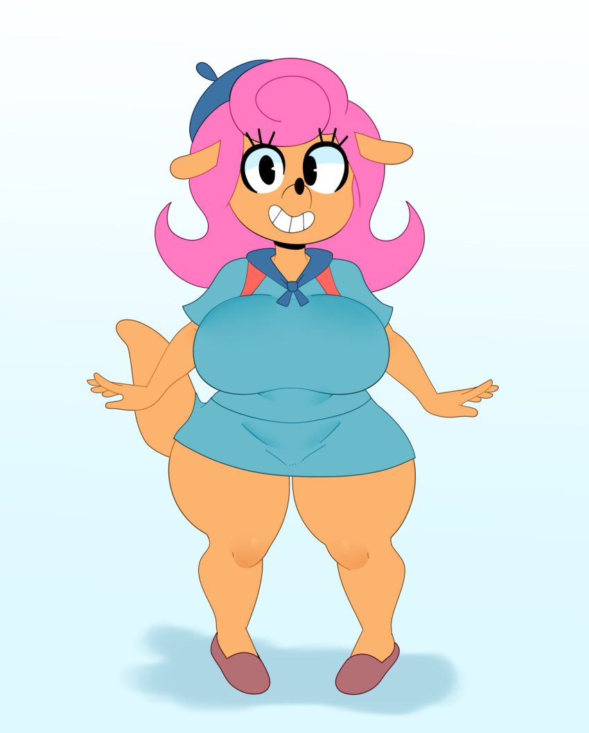 anthro big_breasts black_eyes black_nose breasts brown_body brown_fur camp_lazlo cartoon_network clothing female fur hair hat headgear headwear herpestid hi_res looking_at_viewer mammal mongoose patsy_smiles pink_hair short_stack smile solo somescrub thick_thighs uniform wide_hips