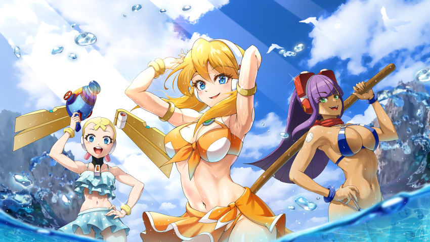 3girls absurdres alia_(mega_man) android armpits arms_up bangs bikini bikini_skirt blonde_hair blue_eyes blue_sky bracelet breasts cleavage cloud cloudy_sky commentary_request commission dark-skinned_female dark_skin dasoin day green_eyes hand_on_hip highleg highleg_bikini highres holding jewelry korean_commentary layer_(mega_man) looking_at_viewer medium_breasts mega_man_(series) mega_man_x_(series) mega_man_x_dive multiple_girls navel open_mouth outdoors pallette_(mega_man) partially_submerged polka_dot polka_dot_bikini purple_eyes shiny shiny_hair simple_background sky smile stomach swimsuit sword teeth water water_drop water_gun weapon wooden_sword