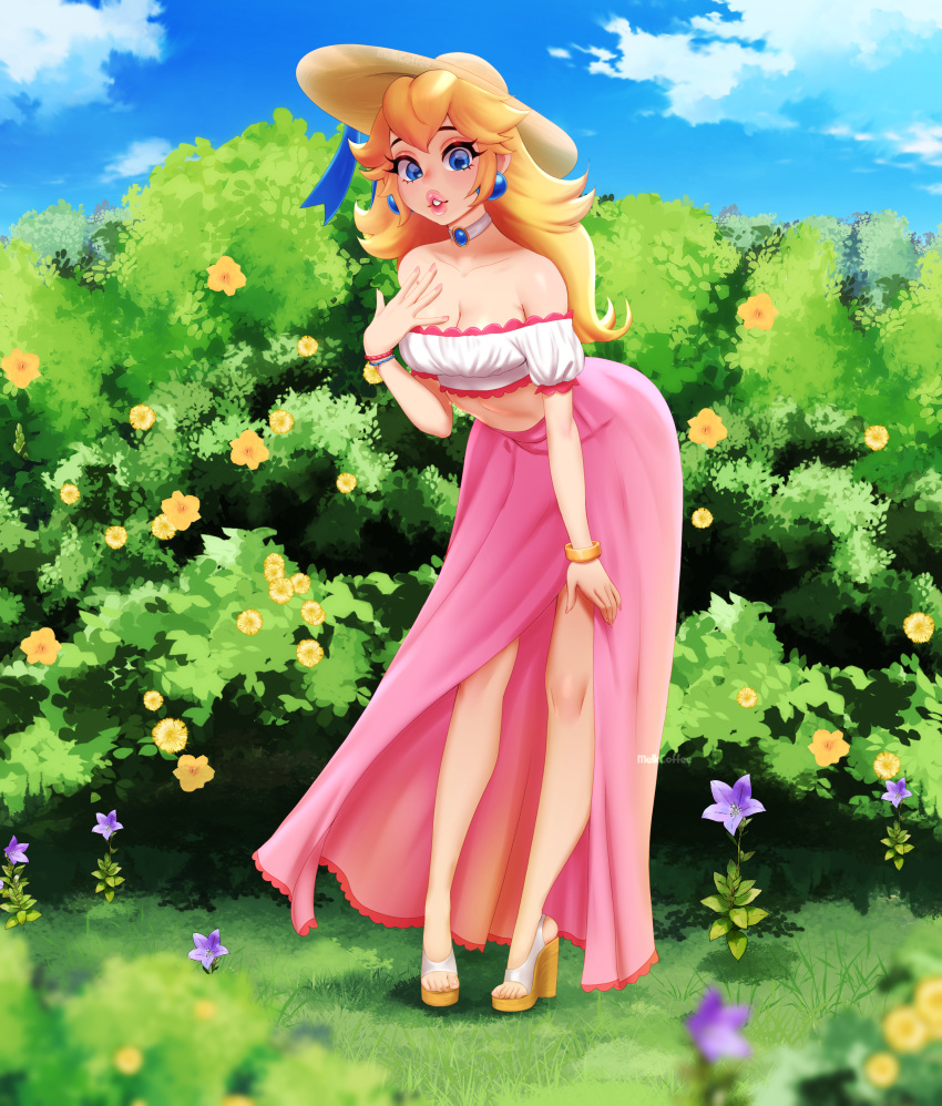 1girl absurdres blonde_hair blue_eyes breasts dress earrings floral_background flower frills grass hat hat_ribbon highres jewelry long_hair looking_at_viewer mario_(series) melkcoffee pink_dress princess_peach ribbon skirt smile solo