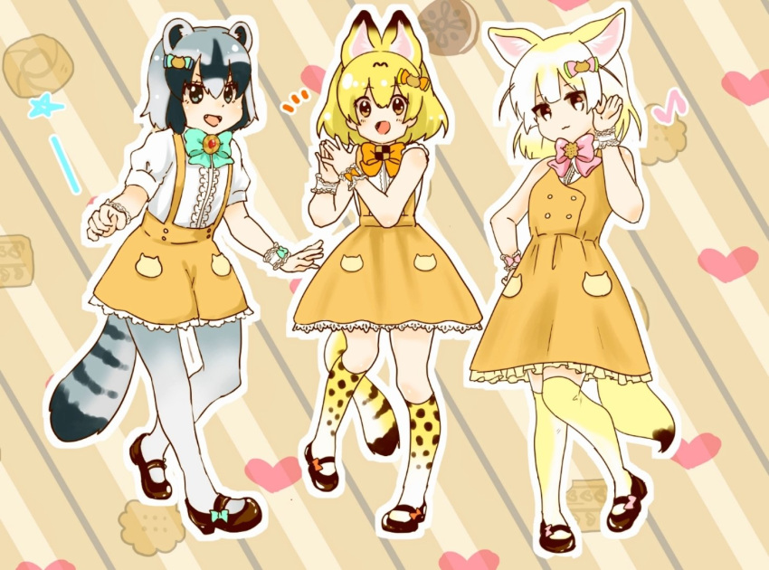 3girls alternate_costume animal_ears bare_shoulders blonde_hair blue_bow blue_bowtie bow bowtie brown_footwear cat_ears cat_girl cat_tail center_frills commentary_request common_raccoon_(kemono_friends) dress extra_ears fennec_(kemono_friends) fox_ears fox_girl fox_tail frilled_dress frilled_skirt frills green_eyes grey_hair grey_pantyhose hair_bow kemono_friends kneehighs mary_janes multicolored_hair multiple_girls pantyhose pink_bow pink_bowtie print_legwear puffy_short_sleeves puffy_sleeves raccoon_ears raccoon_girl raccoon_tail red_eyes seramix_x serval_(kemono_friends) serval_print shirt shoes short_hair short_sleeves skirt sleeveless socks suspender_skirt suspenders tail white_hair white_shirt yellow_bow yellow_bowtie yellow_dress yellow_eyes yellow_skirt yellow_socks zettai_ryouiki