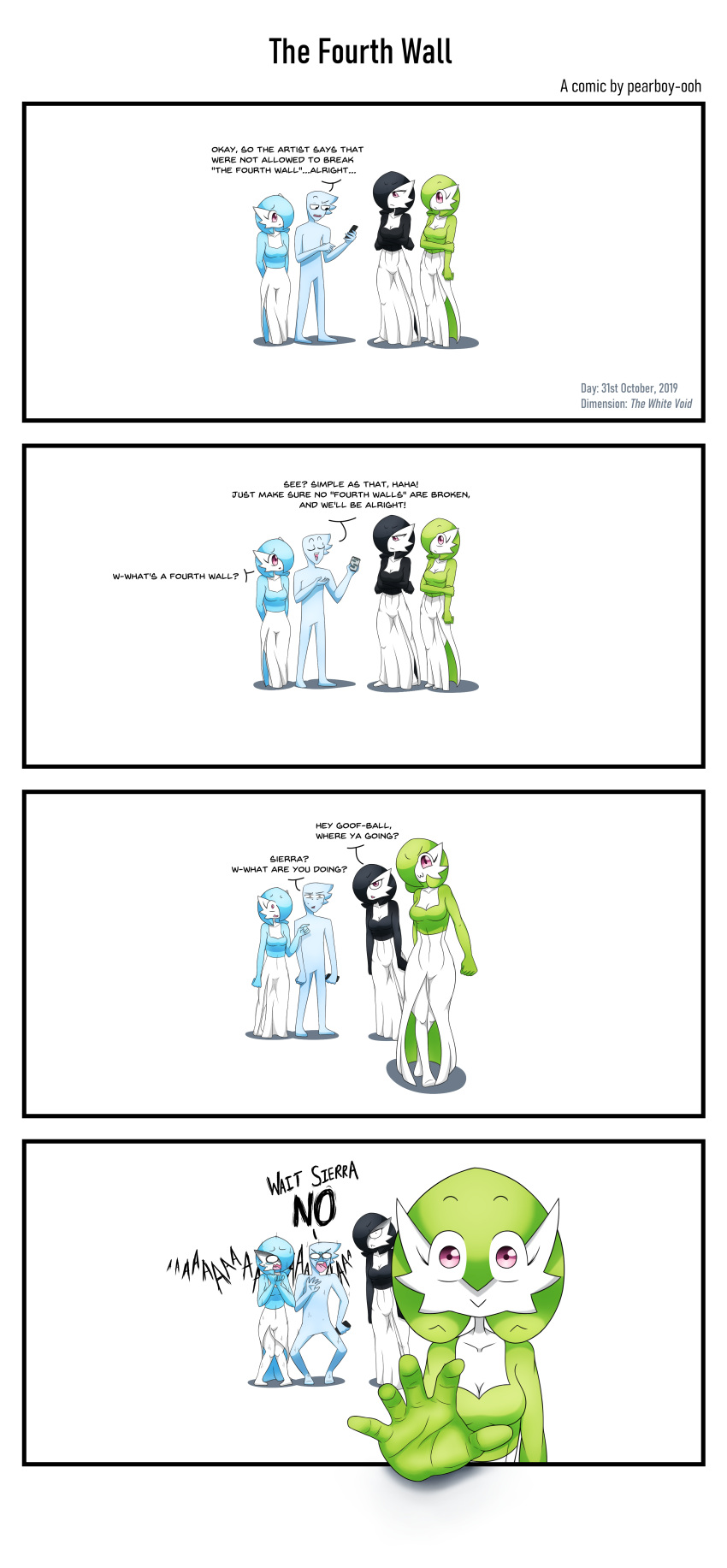 2021 4_fingers 4_panel_comic :&gt; aaaaaaaaaaa absurd_res black_hair blue_hair breaking_the_fourth_wall breasts cleavage clothed clothing comic crossed_arms cydia_(pearboy-ooh) dialogue empty_eyes english_text eva_(pearboy-ooh) eye_through_hair female fingers gardevoir goth green_hair group hair hair_over_eye hands_behind_back hi_res humanoid hyper_realism looking_at_viewer male medium_breasts nintendo not_furry one_eye_obstructed orange_eyes pearboy-ooh pearboy_(oc) pink_eyes pok&eacute;mon pok&eacute;mon_(species) reaching_towards_viewer red_eyes shiny_pok&eacute;mon sierra_(pearboy-ooh) simple_background text translucent translucent_hair video_games white_background
