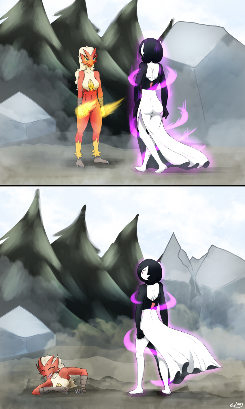 2021 2koma 3_toes absurd_res anthro black_hair blaziken blue_pupils claws comic defeated detailed_background duo eva_(pearboy-ooh) eyes_closed featureless_feet feet female fire gardevoir hair hi_res humanoid instant_loss_2koma menacing_approach multicolored_body nintendo not_furry pearboy-ooh pok&eacute;mon pok&eacute;mon_(species) psychic_powers pupils rear_view red_body talons toes two_tone_body video_games white_hair yellow_body yellow_sclera