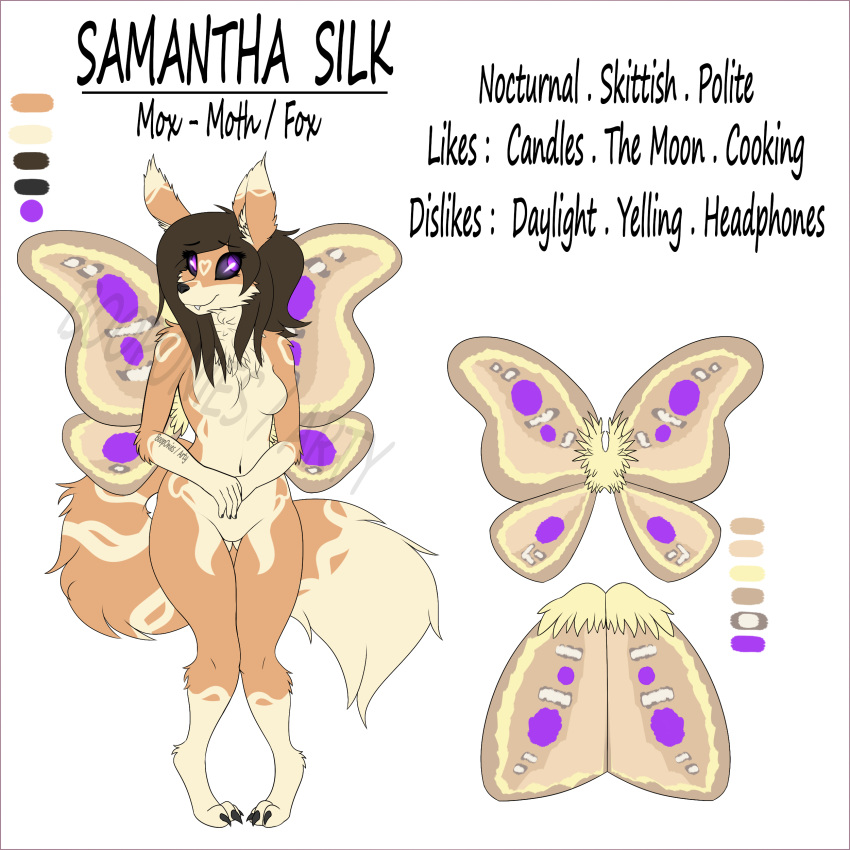 absurd_res anthro arthropod booponies breasts canid canine claws dark_eyes female fluffy fox hair hi_res hybrid insect lepidopteran mammal moth mox_(species) short_hair slim small_(disambiguation) solo wings