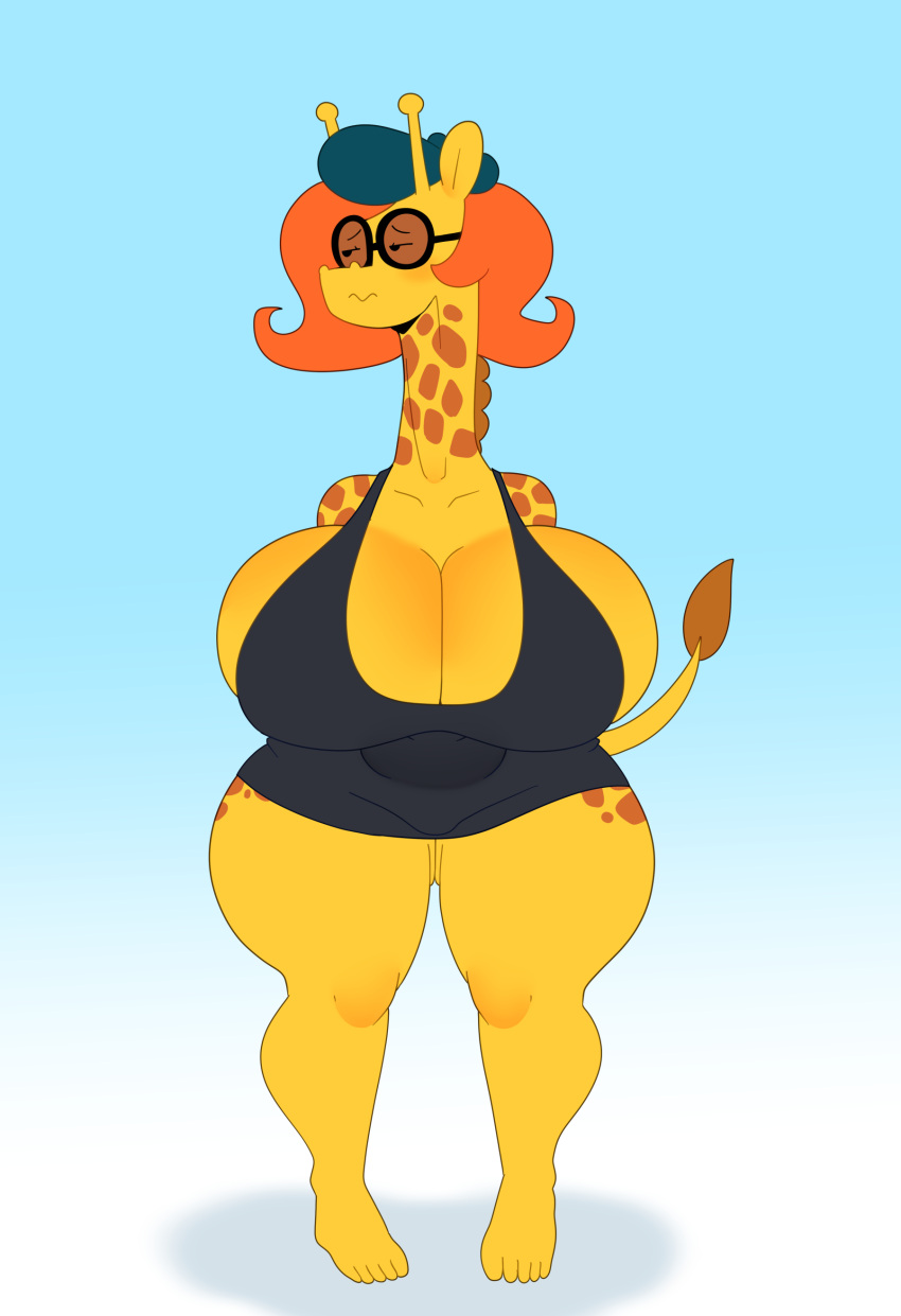 absurd_res anthro beret big_breasts blush breasts camp_lazlo cartoon_network cleavage clothed clothing dress eyewear female giraffe giraffid glasses hair hat headgear headwear hi_res huge_breasts long_neck looking_away mammal nina_neckerly orange_hair solo somescrub spots thick_thighs wide_hips yellow_body