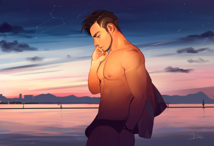 1boy bara beard black_hair bracelet breezem18 bridge bulge constellation facial_hair from_side highres jewelry leo looking_down male_focus male_swimwear muscular night night_sky ocean original pectorals shirt_removed short_hair signature sky swim_briefs tattoo undercut zodiac