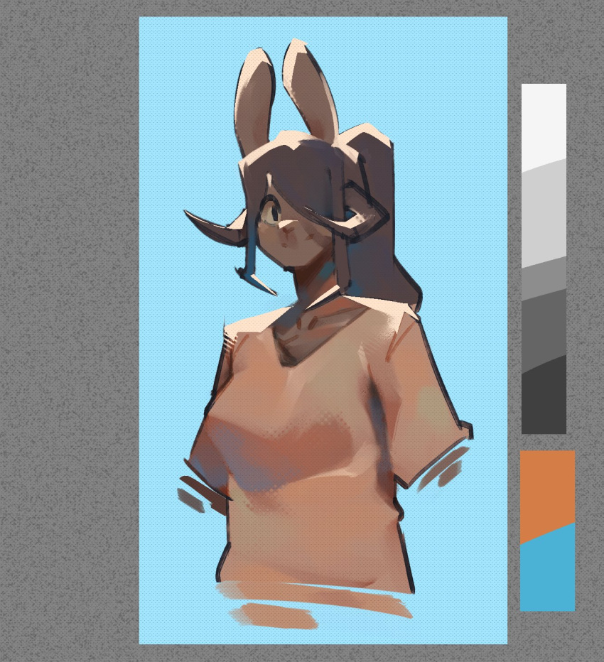 2022 anthro brown_body brown_eyes brown_fur brown_hair bust_portrait clothed clothing color_swatch female fur hair hair_over_eye hi_res horn lagomorph leporid looking_at_viewer mammal one_eye_obstructed ponytail portrait rabbit shirt smile solo spikedmauler spikedmauler_(fursona) t-shirt tied_hair topwear