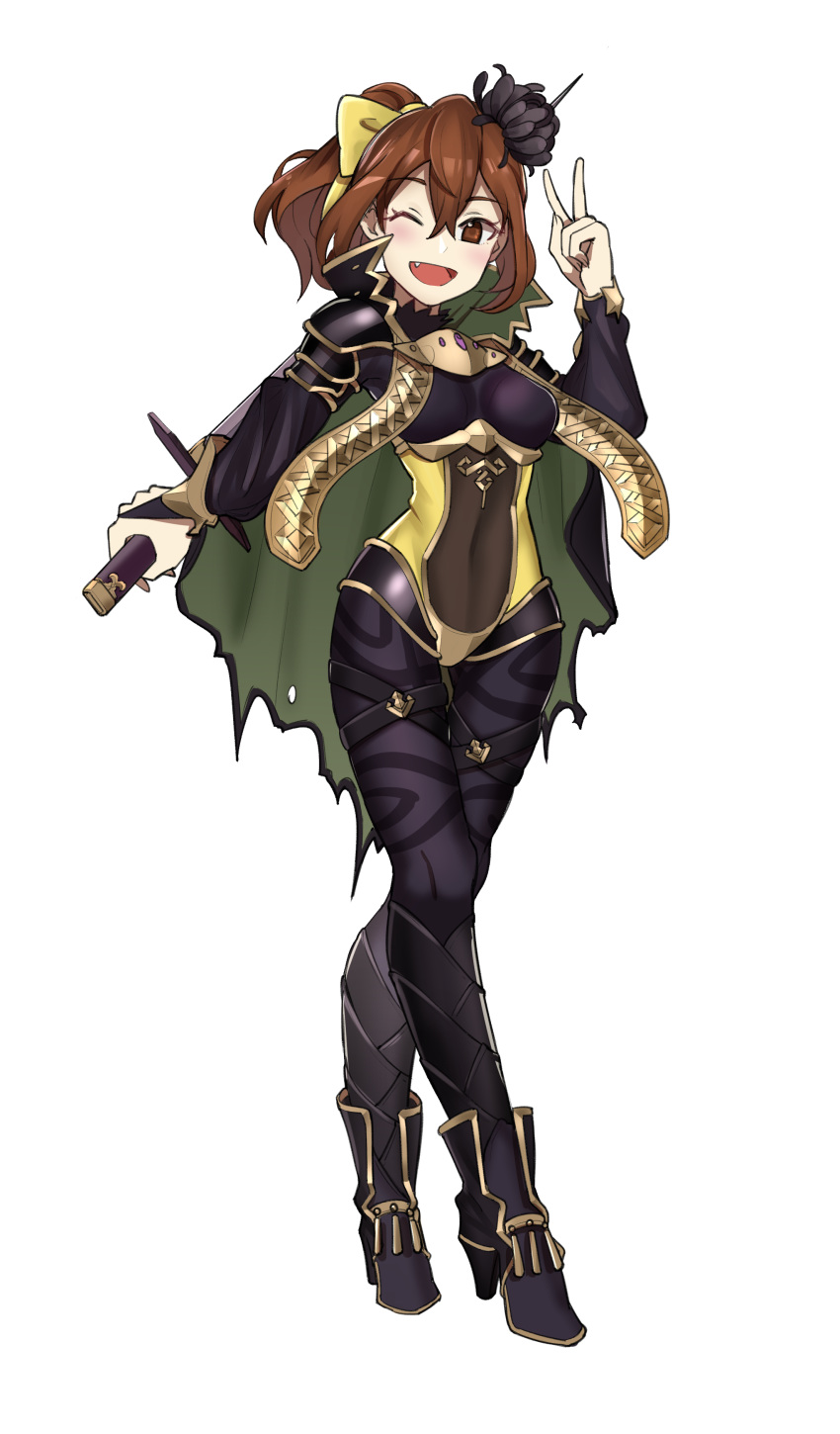 1girl absurdres alternate_costume black_legwear bodysuit boots bow breasts brown_eyes brown_hair cape covered_navel dyute_(fire_emblem) ebinku eyebrows_visible_through_hair fang fire_emblem fire_emblem_echoes:_mou_hitori_no_eiyuuou flower full_body hair_between_eyes hair_bow hair_flower hair_ornament high_heel_boots high_heels highres long_sleeves looking_at_viewer medium_breasts medium_hair nintendo one_eye_closed open_mouth ponytail shoulder_armor simple_background skin_tight smile solo standing sword v weapon white_background