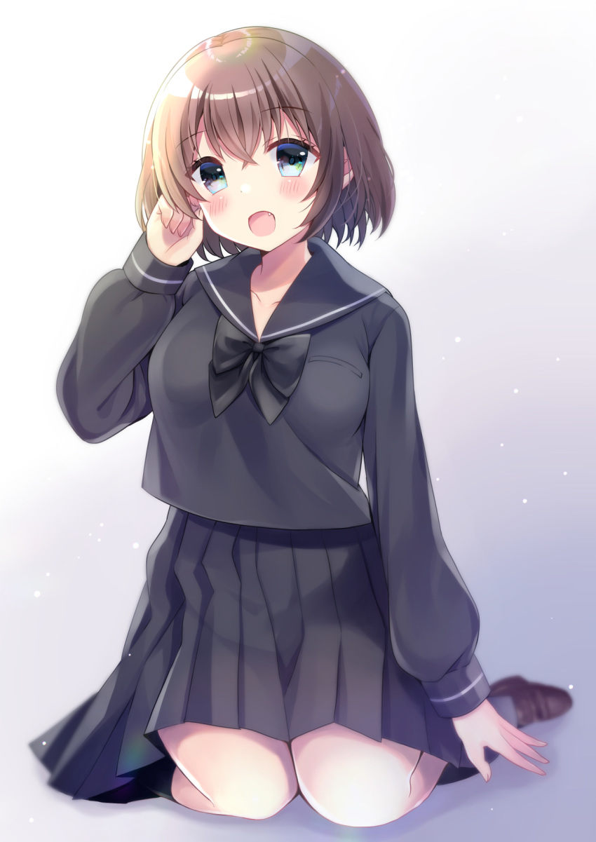 1girl :d bangs black_bow black_sailor_collar black_serafuku black_shirt black_skirt blue_eyes blurry blurry_background blush bow breasts brown_footwear brown_hair collarbone commentary_request depth_of_field eyebrows_visible_through_hair fang fingernails full_body gradient gradient_background grey_background hair_between_eyes head_tilt highres loafers long_sleeves looking_at_viewer medium_breasts minami_saki moe2019 open_mouth original pleated_skirt revision sailor_collar school_uniform serafuku shirt shoes short_hair sitting skirt sleeves_past_wrists smile solo white_background