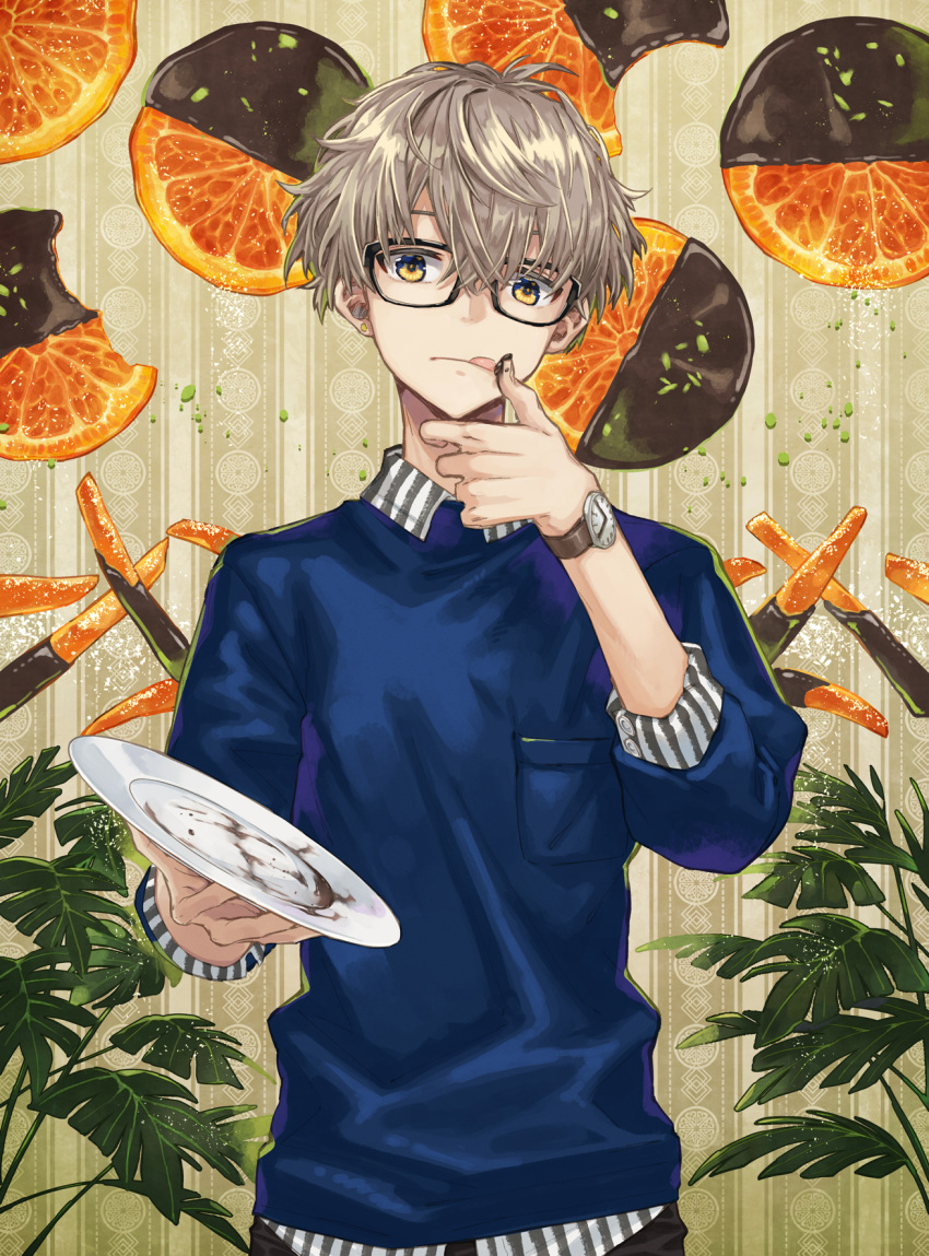 1boy black-framed_eyewear black_pants blue_shirt breast_pocket chocolate chocolate_on_hand collared_shirt earrings food food-themed_background food_on_hand fruit glasses grey_hair hair_between_eyes highres holding holding_plate jewelry licking licking_finger looking_at_viewer male_focus mito_itsuki mixed-language_commentary orange_(fruit) orange_slice orangette original pants patterned_background pistachio plant plate pocket shirt short_hair single_earring solo striped striped_shirt stud_earrings sweatshirt thumbs_up tongue tongue_out upper_body watch white_shirt wristwatch yellow_eyes