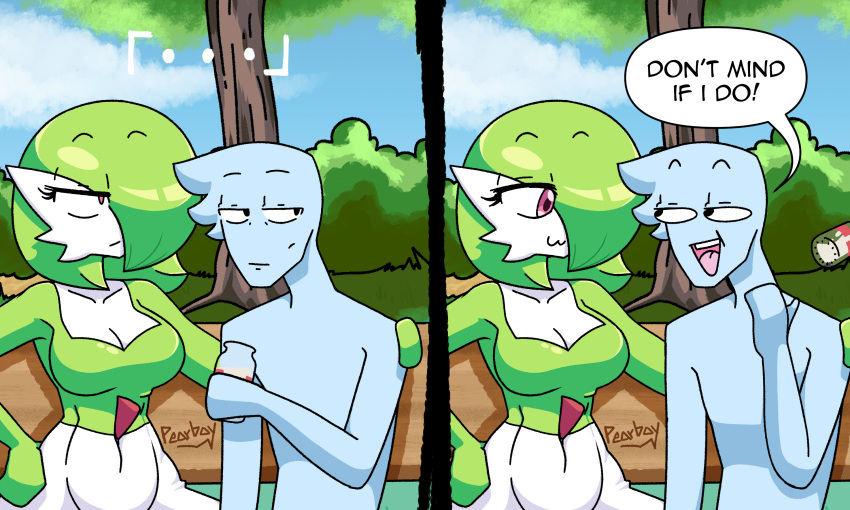 2021 :3 arm_around_shoulders black_eyes blue_body breasts cleavage clothed clothing comic duo english_text eye_contact featureless_hands female gardevoir green_hair hair hair_over_eye hi_res humanoid looking_at_another male medium_breasts moomoo_milk nintendo one_eye_obstructed open_mouth pearboy-ooh pearboy_(oc) pok&eacute;mon pok&eacute;mon_(species) red_eyes sierra_(pearboy-ooh) signature size_difference speech_bubble text throwing_object video_games