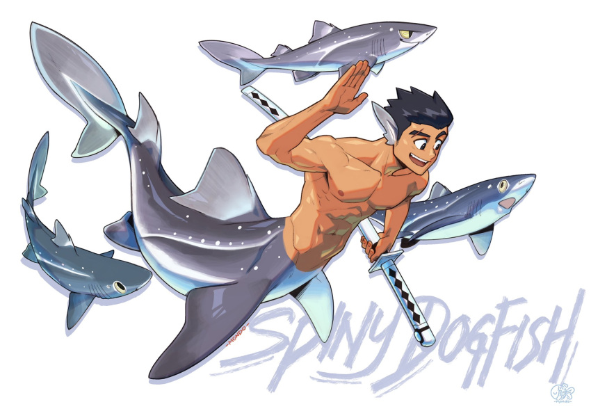 1boy abs animal arm_up bara biceps black_eyes black_hair eyebrow_cut fins fish fish_tail gills head_fins highres holding holding_weapon katana looking_ahead male_focus merman mondoart1 monster_boy open_mouth original pectorals scar short_hair smile sword tail toned toned_male weapon white_background