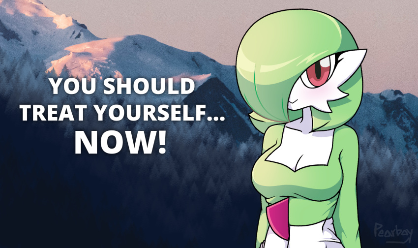 2022 breasts cleavage clothed clothing compliment english_text female gardevoir green_hair hair hair_over_eye hands_behind_back hi_res humanoid looking_at_viewer low_tier_god medium_breasts meme nintendo not_furry one_eye_obstructed parody pearboy-ooh photo_background pok&eacute;mon pok&eacute;mon_(species) red_eyes smile smiling_at_viewer solo text video_games