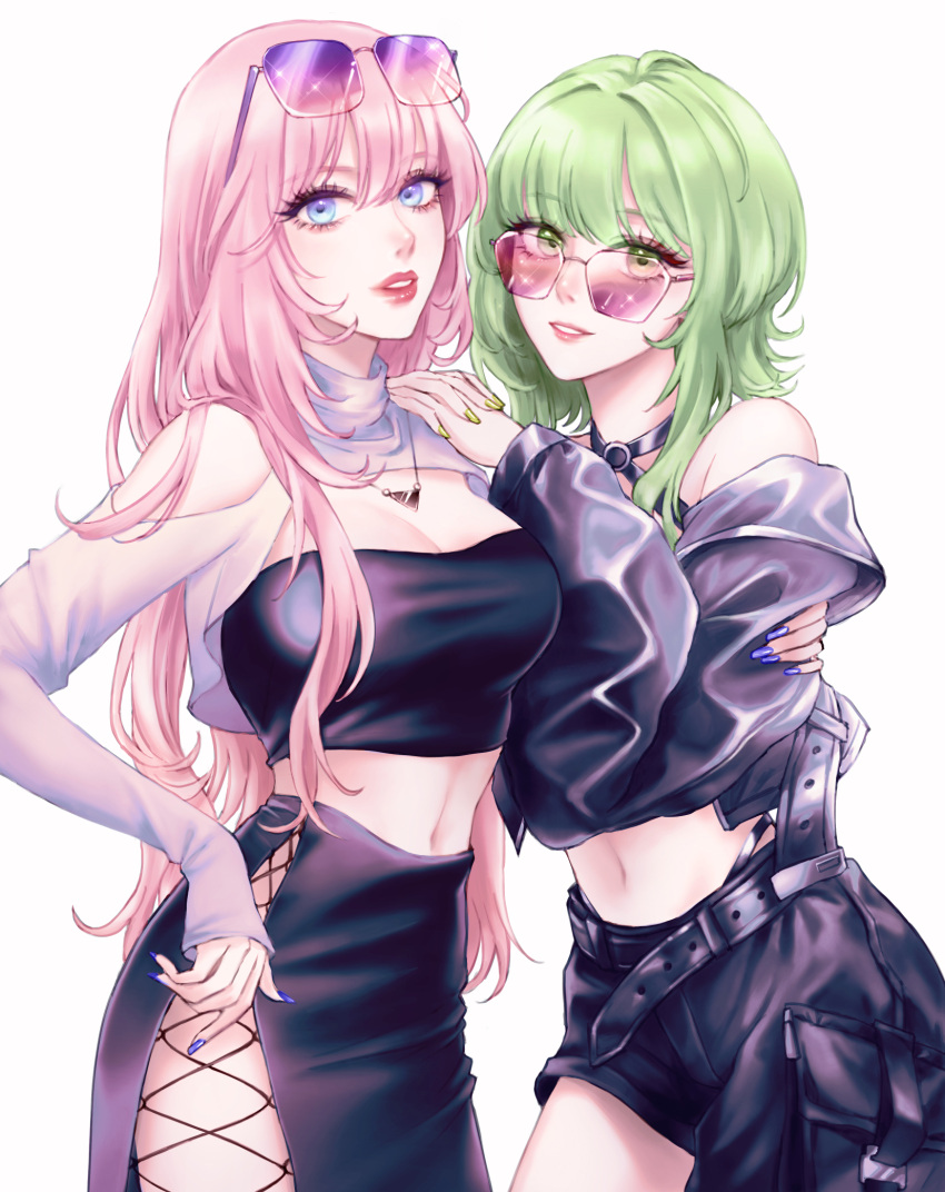 2girls bangs belt blue_eyes breasts criss-cross_halter eyelashes eyewear_on_head green_eyes green_hair gumi halter_top halterneck hand_around_waist hand_on_another's_shoulder highres jewelry large_breasts lipstick long_hair looking_at_viewer makeup medium_hair megurine_luka midriff multiple_girls nail_polish navel necklace pink-tinted_eyewear pink_hair purple-tinted_eyewear sapphirez39 shorts shrug_(clothing) simple_background smile strapless sunglasses tinted_eyewear tube_top very_long_hair vocaloid white_background