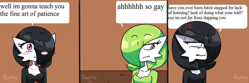 2021 3_panel_comic big_pupils black_hair blush blush_stickers breasts cleavage clothed clothing cross-popping_vein dialogue_box dilated_pupils duo english_text eva_(pearboy-ooh) female frown gardevoir green_hair hair hair_over_eye half-closed_eyes hi_res humanoid looking_away medium_breasts meme narrowed_eyes nintendo not_furry one_eye_obstructed orange_eyes parody pearboy-ooh pok&eacute;mon pok&eacute;mon_(species) pupils red_eyes sierra_(pearboy-ooh) signature tails_gets_trolled text video_games