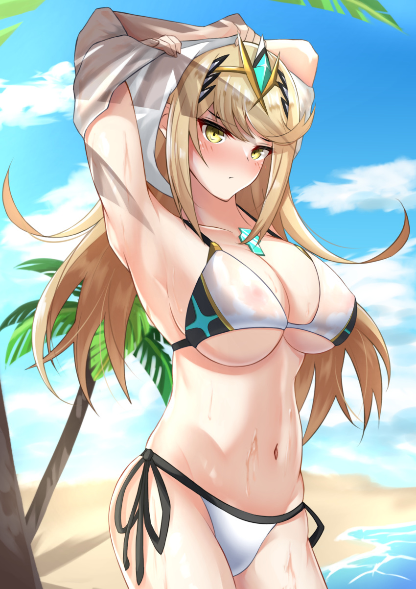 1girl absurdres armpits arms_up bangs beach bikini blonde_hair blush breasts chest_jewel cleavage closed_mouth ega-chan gem hair_ornament headpiece highres jewelry large_breasts light_frown long_hair looking_at_viewer mythra_(xenoblade) navel nintendo nipples ocean palm_tree pose see-through shirt shy side-tie_bikini solo swept_bangs swimsuit tiara tree tsundere undressing wet white_bikini white_shirt xenoblade_chronicles_(series) xenoblade_chronicles_2 yellow_eyes