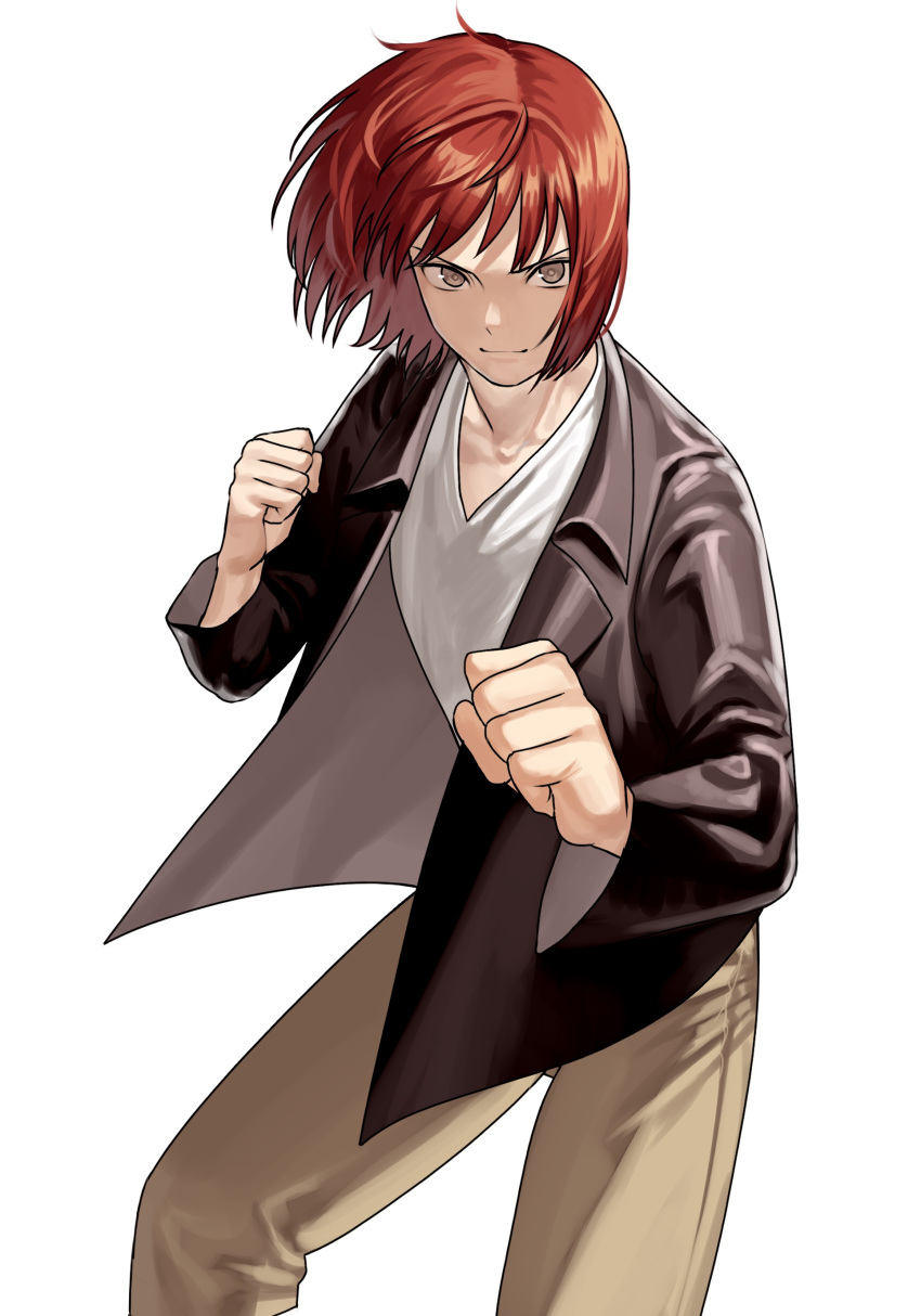 absurdres black_jacket clenched_hand ergo_(fate) fate_(series) grey_eyes hanny_(uirusu_chan) highres jacket lord_el-melloi_ii_case_files male_focus non-web_source red_hair shirt smirk stance white_shirt