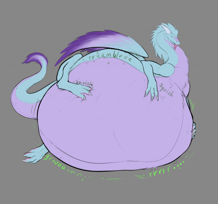 after_vore belly big_belly digestion dragon dragon_pred eyes_closed feet_on_stomach feral feral_pred fur furred_dragon hand_on_stomach horn lying male nortllos on_side onomatopoeia rye_(ryv3r) solo sound_effects text tongue tongue_out vore wings