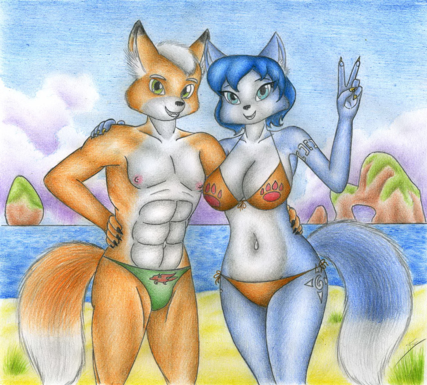 abs anthro beach bikini bikini_thong canid canine clothing duo female fox fox_mccloud hi_res krystal male mammal nintendo nipples seaside sinaherib star_fox swimwear traditional_media_(artwork) video_games