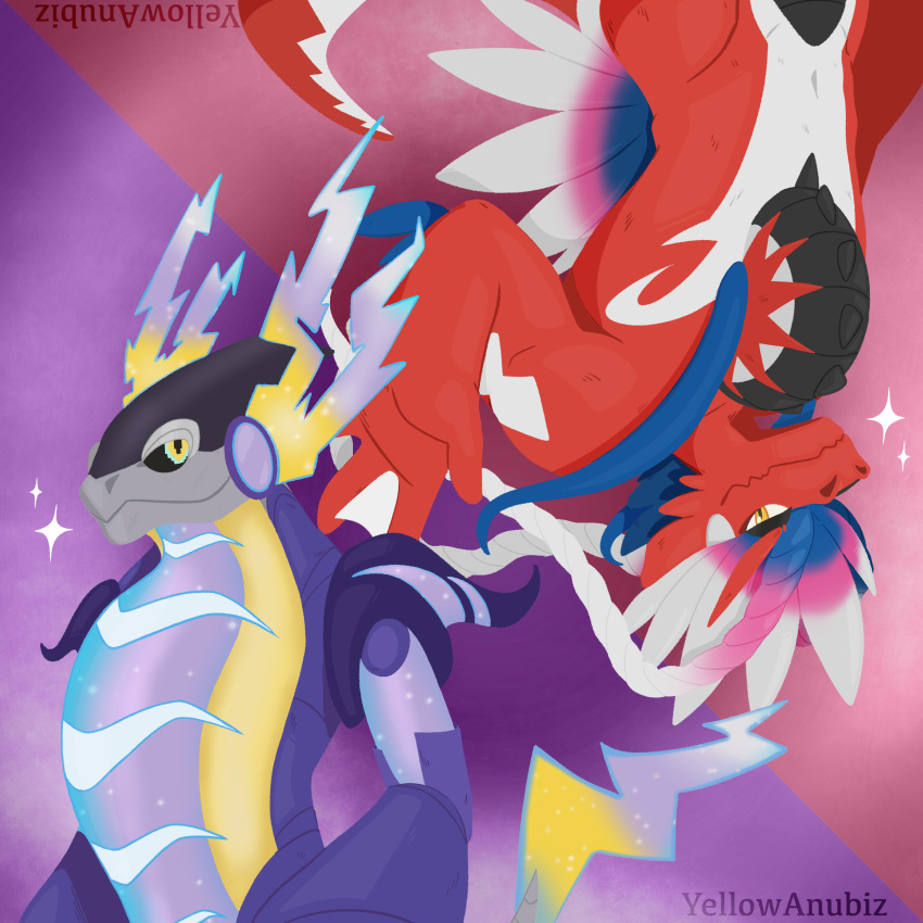 2022 absurd_res athletic digital_media_(artwork) dragon duo hi_res hybrid koraidon legendary_pok&eacute;mon lizard male miraidon nintendo nude pok&eacute;mon pok&eacute;mon_(species) pokemon_scarlet pokemon_violet reptile scalie simple_background video_games watermark yellowanubiz