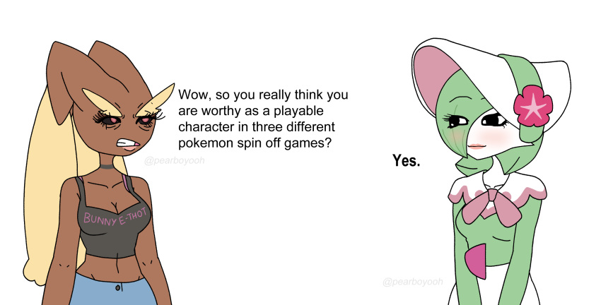 2021 angry black_eyes black_sclera blush bonnet breasts brown_body brown_fur cleavage clenched_teeth clothed clothing dialogue duo english_text eye_through_hair fashionable_style_gardevoir female fur gardevoir green_hair hair hair_over_eye headgear headwear hi_res holowear_(pok&eacute;mon) lagomorph leporid mammal meme midriff nintendo not_furry one_eye_obstructed parody pearboy-ooh pok&eacute;mon pok&eacute;mon_(species) pok&eacute;mon_unite pupils rabbit red_pupils shirt simple_background tank_top teeth text topwear translucent translucent_hair video_games white_background wojak