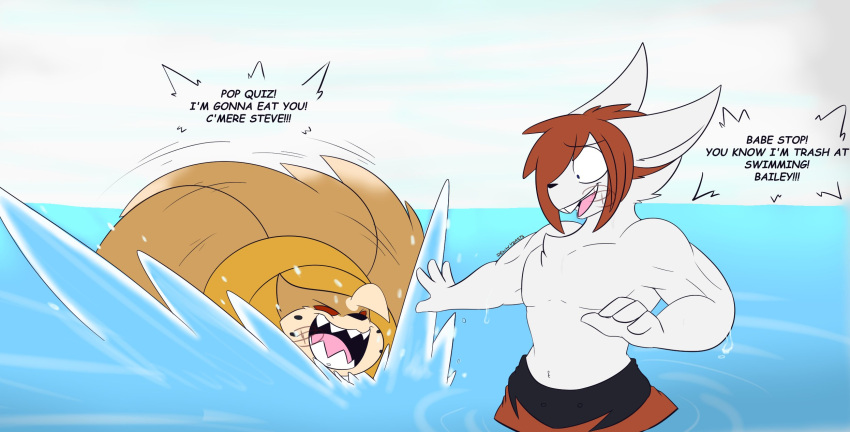 2_tails ahoge anthro anthrofied athletic athletic_anthro athletic_male bailey_(dewwydarts) big_butt butt cinderace clothed clothing dewwydarts duo fangs female floatzel fur hair hi_res male multi_tail nintendo one-piece_swimsuit pok&eacute;mon pok&eacute;mon_(species) pok&eacute;morph sharp_teeth speech_bubble steve_(dewwydarts) swimming swimwear teeth text topless video_games