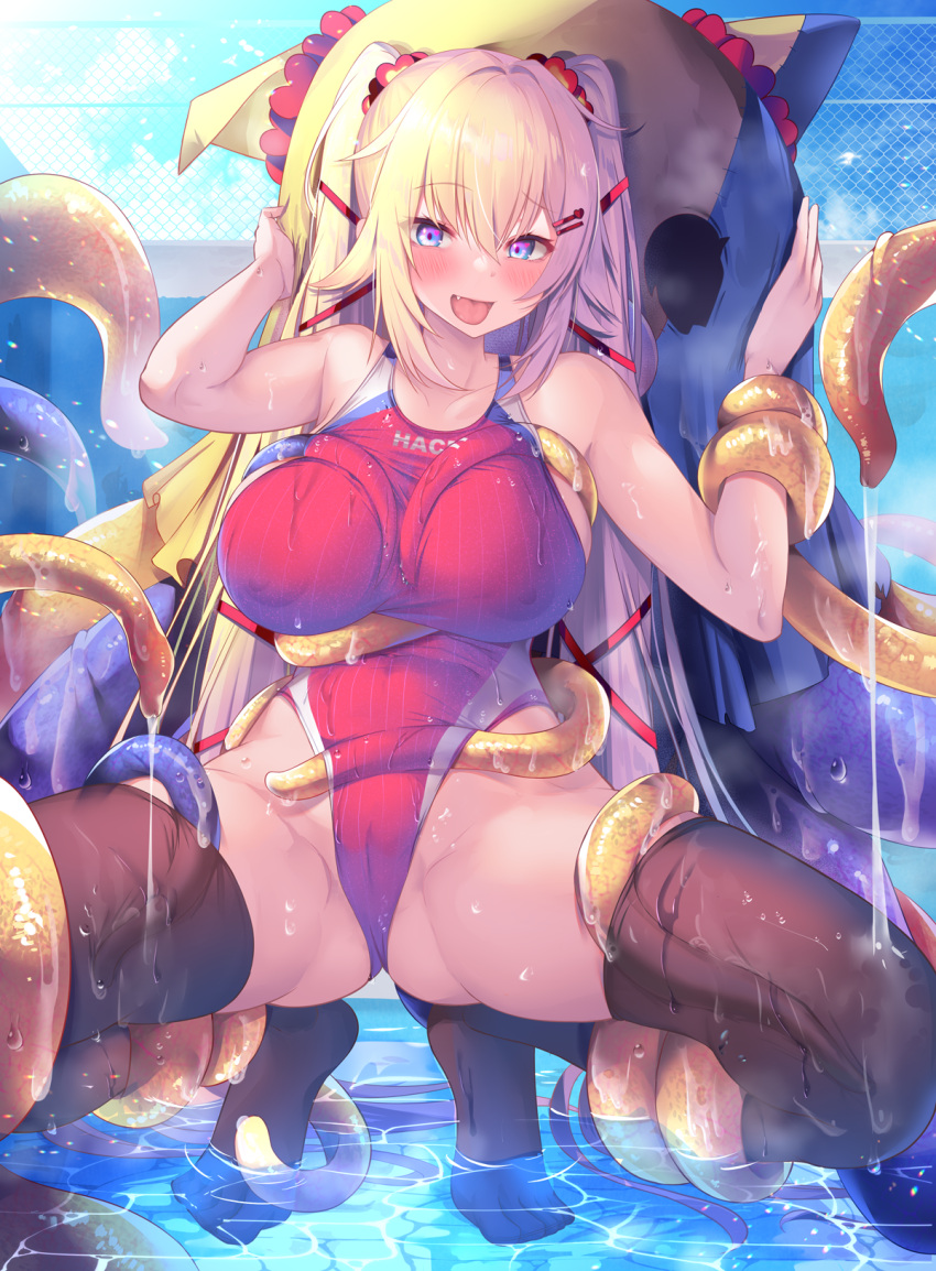 1girl akai_haato bangs blonde_hair blue_eyes blush breasts cameltoe competition_swimsuit fang hair_ornament heart heart_hair_ornament highres hololive large_breasts long_hair looking_at_viewer one-piece_swimsuit open_mouth solo spread_legs squatting swimsuit tentacles thighhighs twintails very_long_hair virtual_youtuber wet yoshiheihe