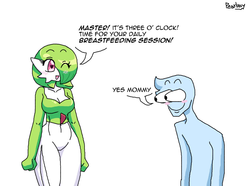 &lt;3 &lt;3_eyes 2021 black_eyes blue_body blush blush_lines blush_stickers breasts cleavage clothed clothing dialogue dick_flattening duo english_text eyes_popping_out female fist gardevoir green_hair hair hair_over_eye hi_res humanoid male medium_breasts mommy_kink nintendo not_furry one_eye_closed one_eye_obstructed pearboy-ooh pearboy_(oc) pok&eacute;mon pok&eacute;mon_(species) red_eyes sierra_(pearboy-ooh) simple_background text video_games white_background wide_smile wink