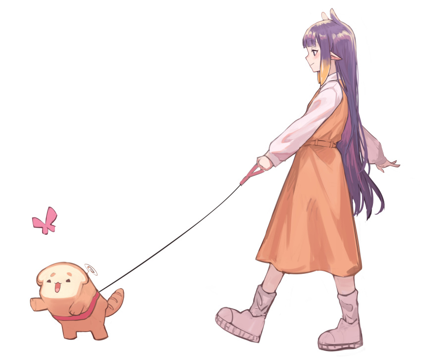 1girl absurdres bangs blunt_bangs bread dog dog_walking dress food from_side highres holding holding_leash hololive hololive_english kiwwwwwi leash limiter_(tsukumo_sana) long_hair long_sleeves ninomae_ina'nis orange_dress pointy_ears purple_eyes purple_hair sanallite_(tsukumo_sana) shoes simple_background straight_hair tentacle_hair very_long_hair virtual_youtuber white_background white_footwear