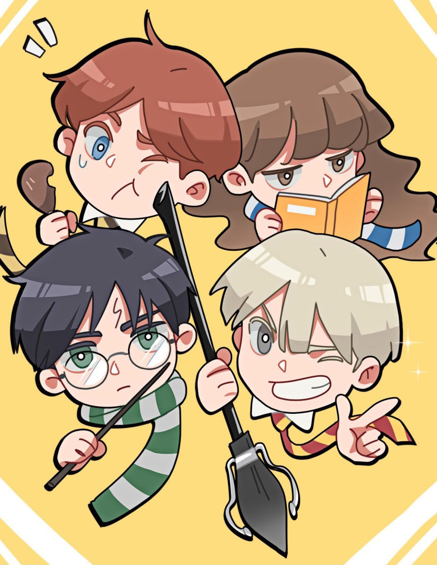 1girl 3boys alternate_universe bangs blending blonde_hair blue_eyes blue_scarf book broom brown_eyes brown_hair cheek_poking chibi chicken_(food) child collared_shirt draco_malfoy female_child food frown glasses green_eyes green_scarf grey_eyes grin gryffindor hands_up harry_potter harry_potter_(series) hermione_granger highres hogwarts_school_uniform holding holding_broom holding_food holding_wand hufflepuff long_hair long_sleeves looking_at_viewer male_child multiple_boys necktie one_eye_closed open_book orange_hair poking ravenclaw reading ron_weasley rs382302 scar scar_on_face scar_on_forehead scarf school_uniform shirt slytherin smile sparkle striped striped_necktie striped_scarf sweatdrop wand yellow_background